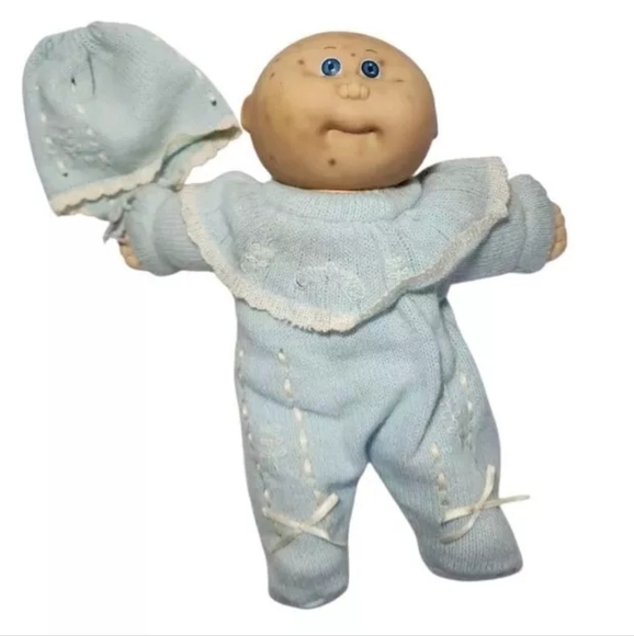Vtg 1980's Cabbage Patch Kids Freckle Freckled Face Baby Doll Blue Sweater - Picture 1 of 11